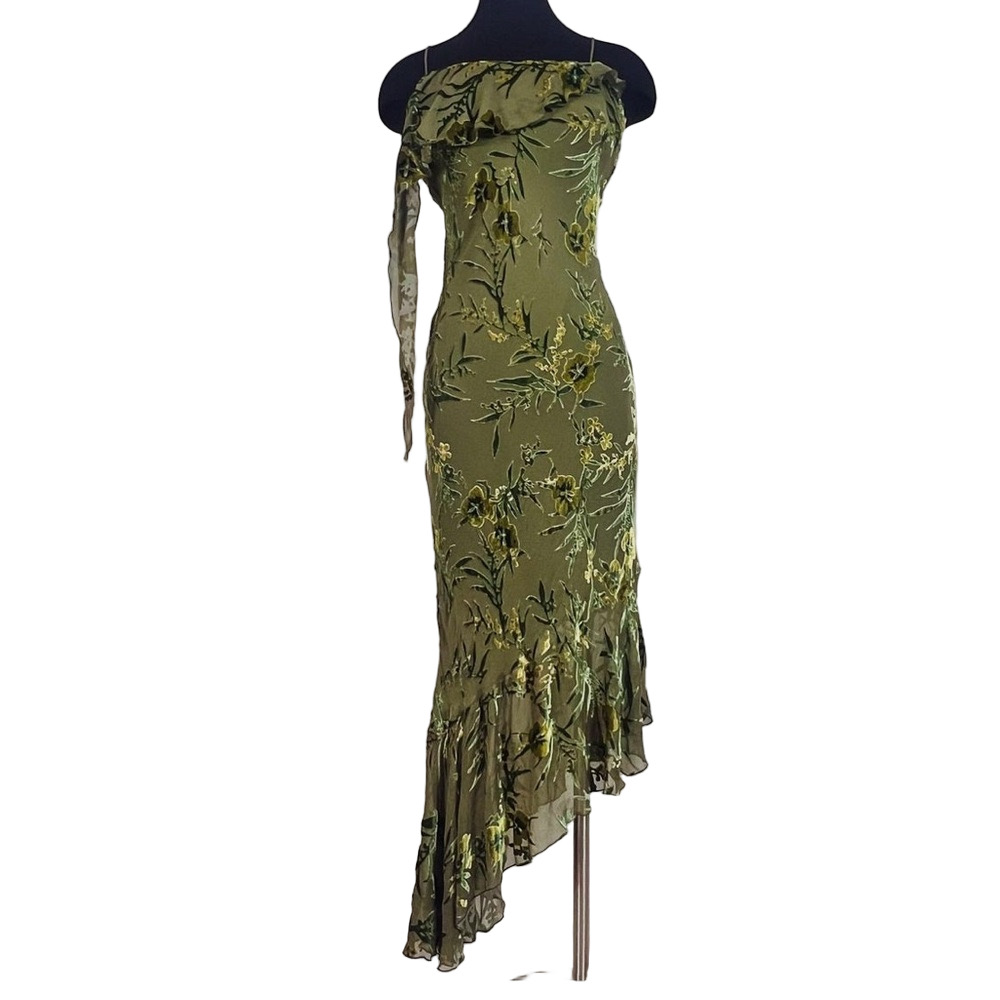 Vintage Burnout Velvet Floral Asymmetrical Green Dress - S